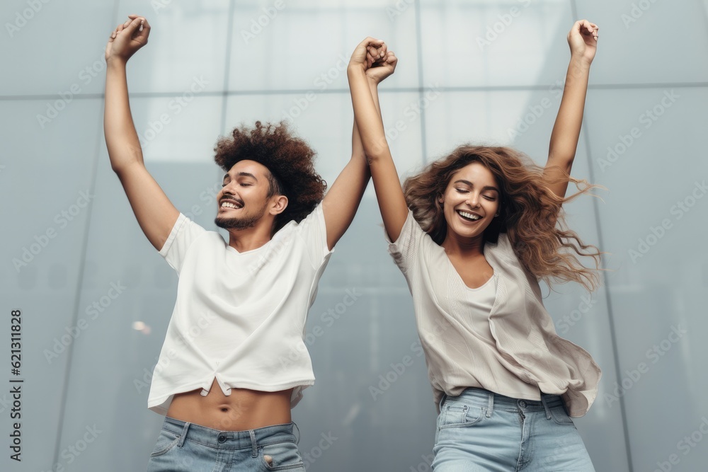 Portrait of two happy young women have fun together raise up hand dancing.