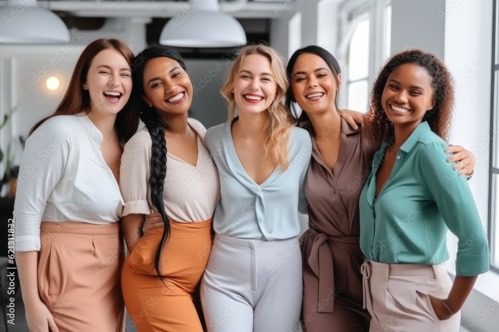 Happy multiethnic team of young women standing at office, Diverse female coworkers celebrating busin