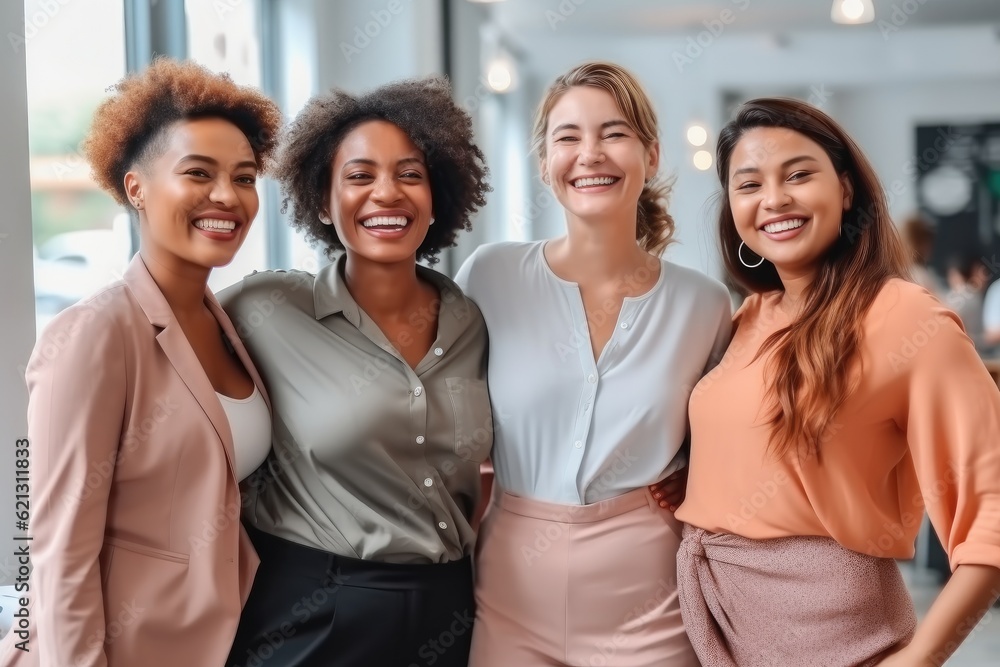 Happy multiethnic team of young women standing at office, Diverse female coworkers celebrating busin