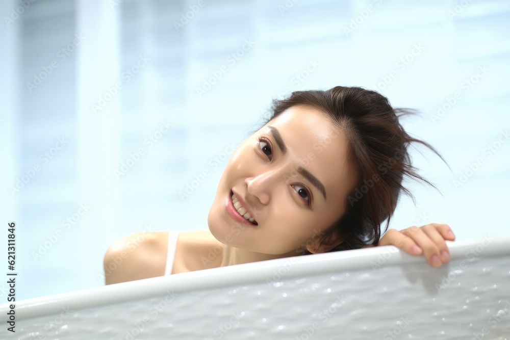 Portrait of beautiful Asian woman clean fresh healthy white skin enjoy relaxing taking shower and ba