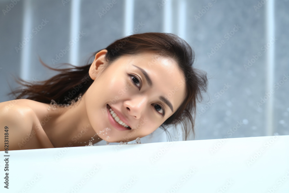 Portrait of beautiful Asian woman clean fresh healthy white skin enjoy relaxing taking shower and ba