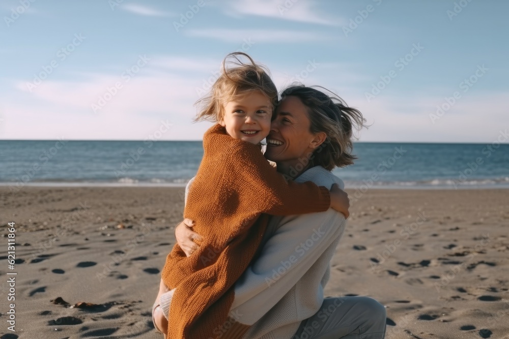 Happy mother hugging daughter, Smiling mother and beautiful daughter having fun on the beach.