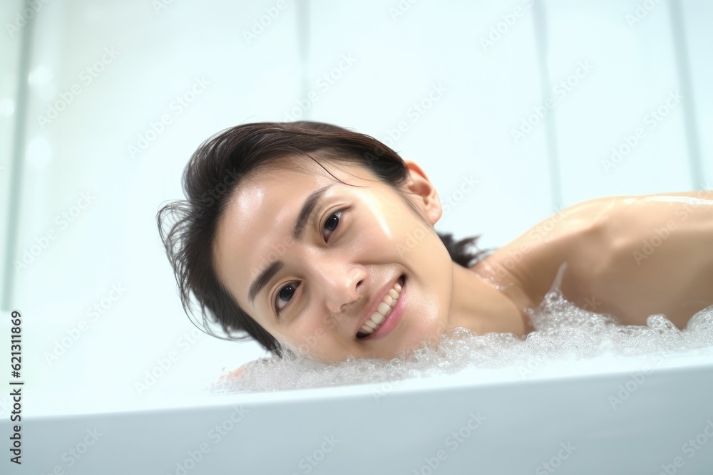 Portrait of beautiful Asian woman clean fresh healthy white skin enjoy relaxing taking shower and ba