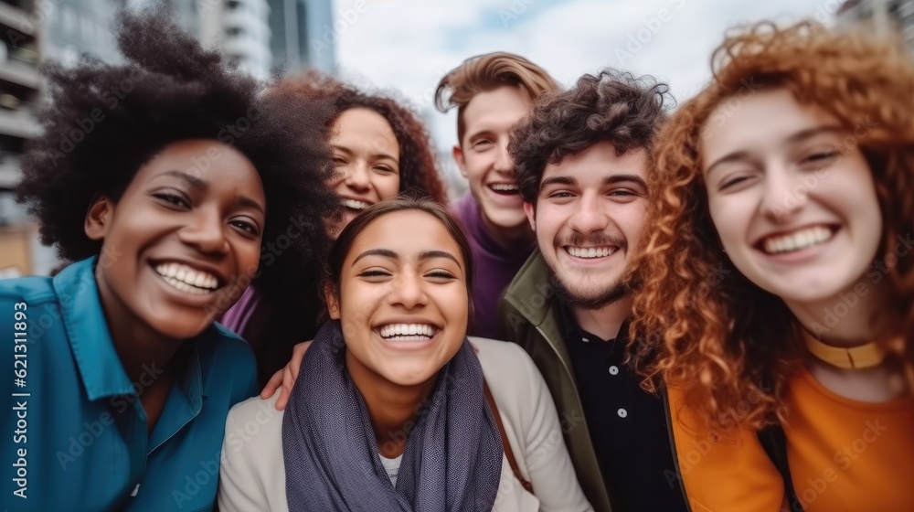 Multiracial happy group of friends having fun at outdoors in the city, Best friends enjoying time to