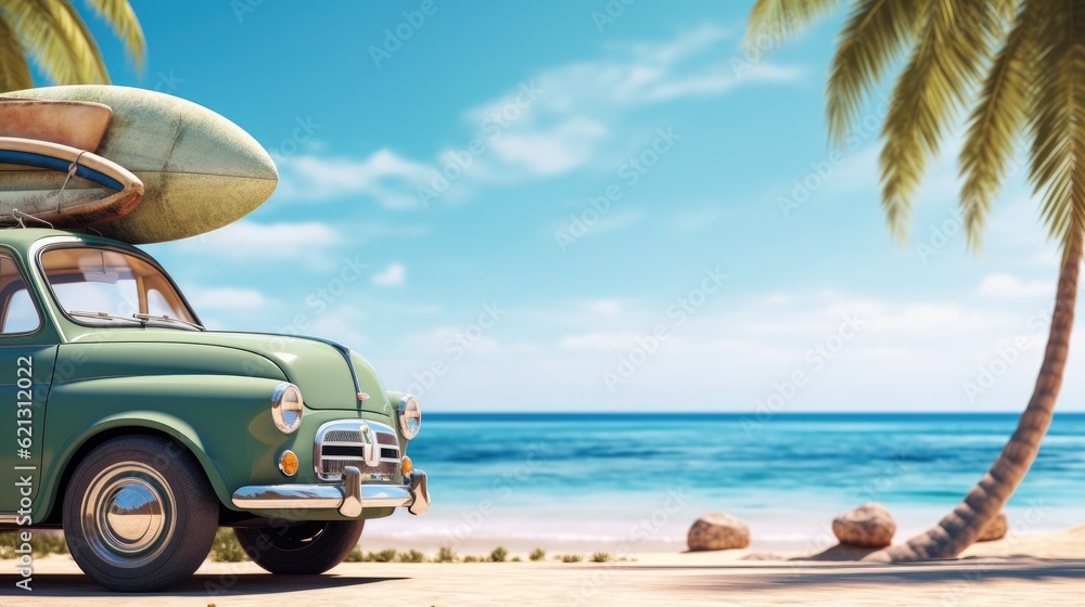 Green car with luggage ready for summer holidays, summer vacation, holiday.