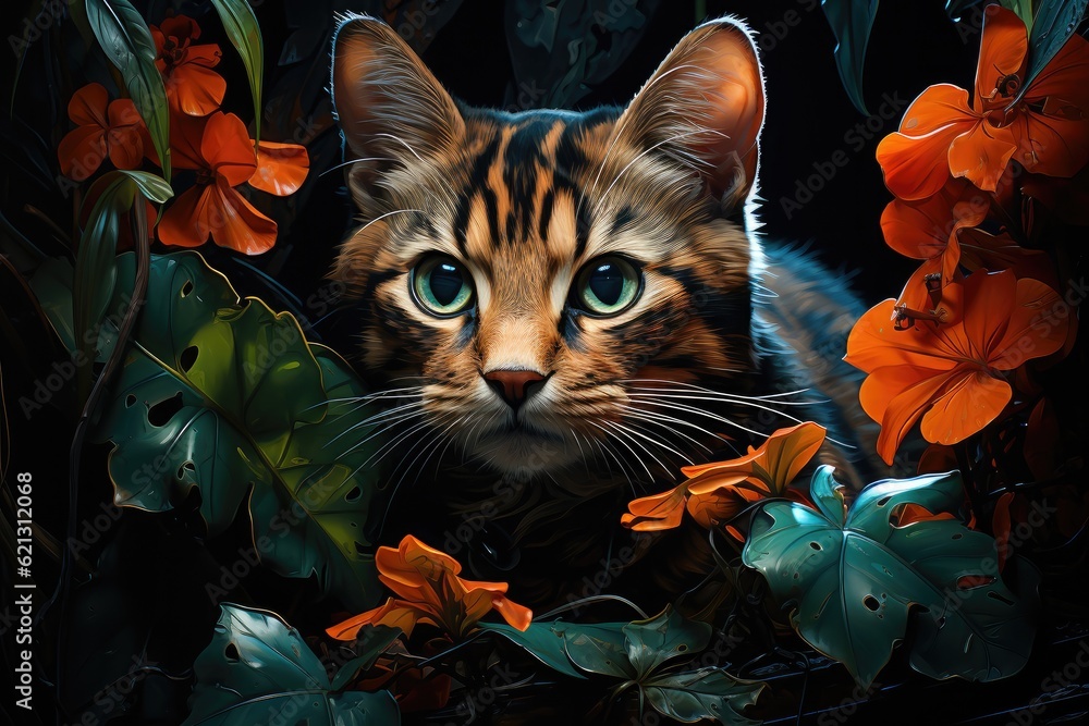 Portrait of of beautiful cat, Pallass cat, in tropical flowers and leaves.