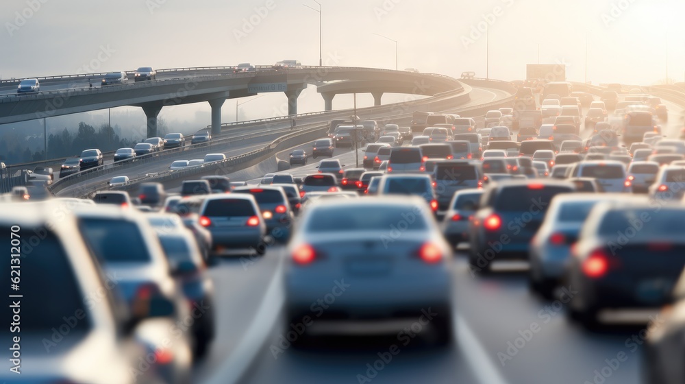 Blurred images of many cars on the road traffic jam rush hour.