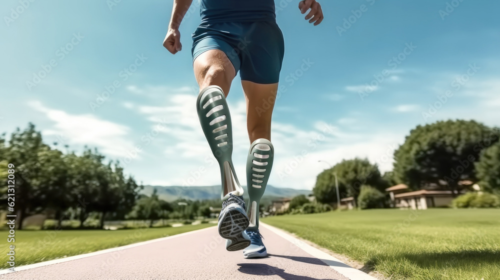 Man with prosthetic leg are running at park city, Fit young man with physical disability doing rehab