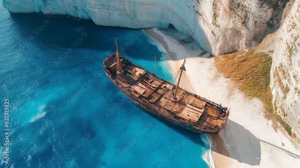 Aerial view of the Navagio beach with the famous wrecked ship in Zante, Greece - Boat in the sea, Ge