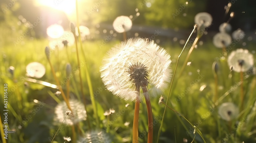 Macro Shot of Dandelions being blown in super slow motion. Outdoor scene with sun rays - dandelion i