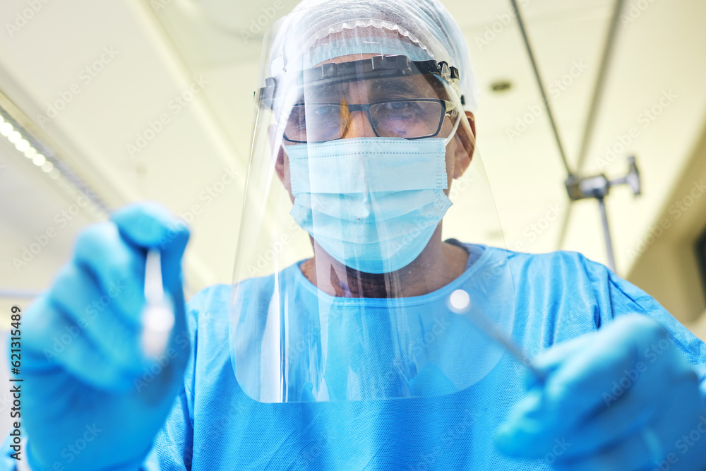 Dentist, consultation and man in dental healthcare, PPE for safety and medical procedure at clinic. 