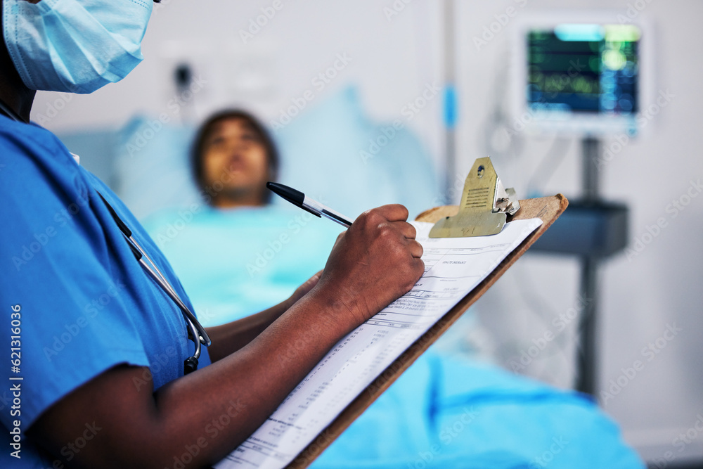 Hands, healthcare and a nurse writing on documents in a hospital during a patient checkup or report.