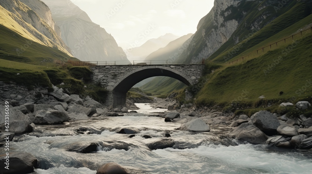 Smooth footage over a flowing creek, crossing under a bridge and moving upwards in Seceda, Italy, ri