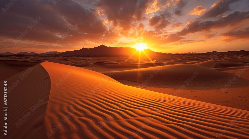 Sunset over the sand dunes in the desert, sunrise in the desert, Generative AI