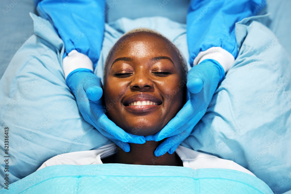 Beauty, smile and hands of surgeon on black woman face in clinic for plastic surgery, skincare or ch