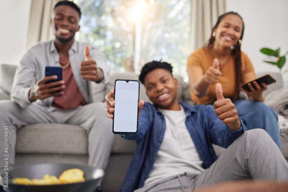 Black people, friends and phone mockup with thumbs up for approval in relax together at home. Happy 