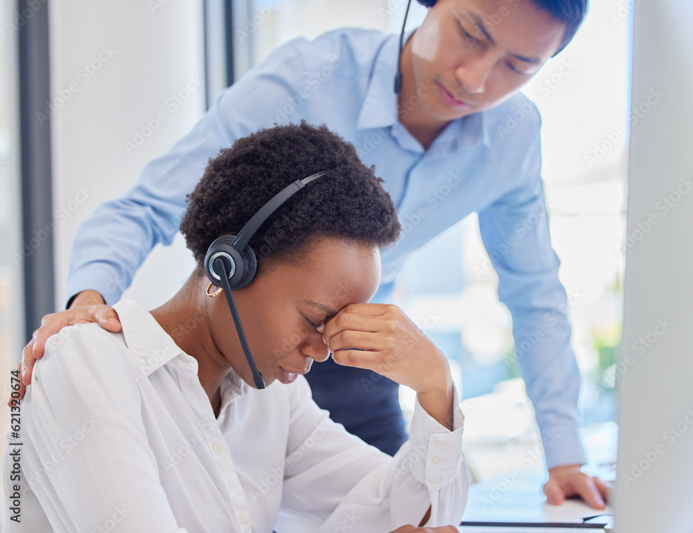 Sad, support and black woman at call center with a man after telemarketing fail or anxiety. Headache