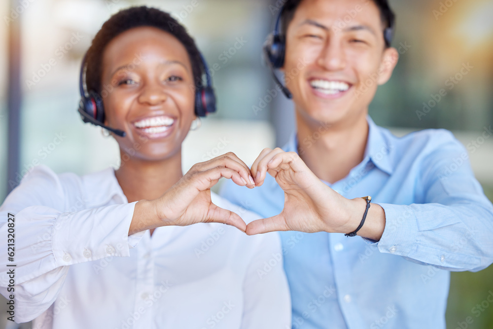 Heart hands, call center and portrait of business people consulting for crm or customer service. Fin