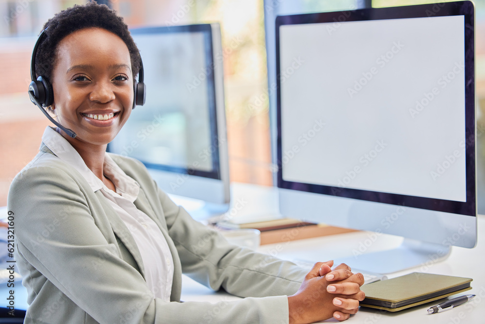 Call center, portrait and black woman on computer mockup in office consulting for crm, contact us or