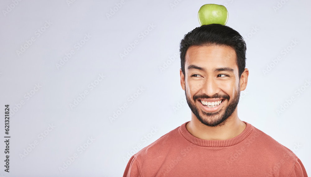 Head balance, thinking or happy man with apple decision for weight loss diet, healthy lifestyle chan