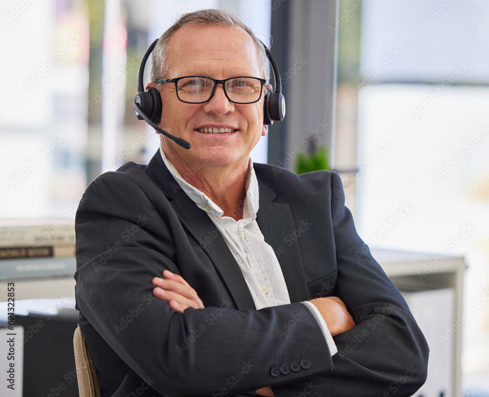 Call center, mature man and arms crossed in portrait for communication, customer service or contact 