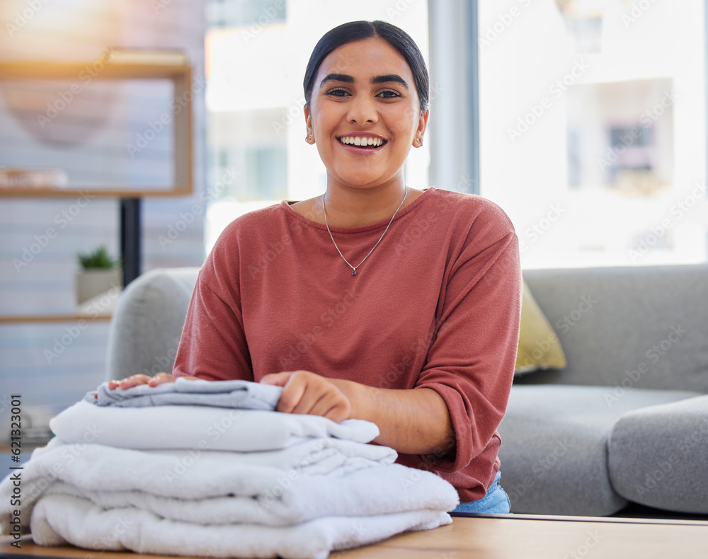 Cleaning, smile and laundry with portrait of woman in living room for housekeeping service, clothes 