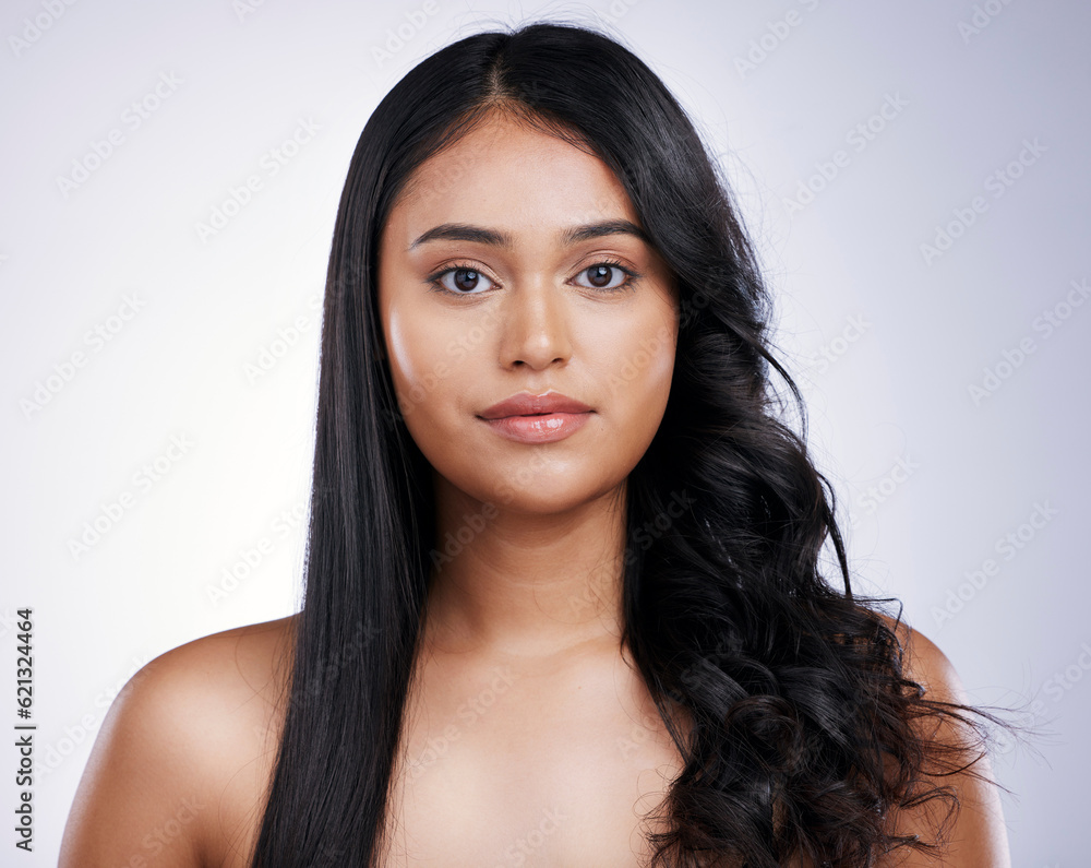 Woman, curly straight hair and beauty, face and cosmetics with balayage hairstyle on white backgroun