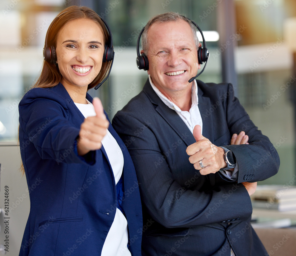 Call center, thumbs up and people in portrait for telemarketing, virtual communication and success, 