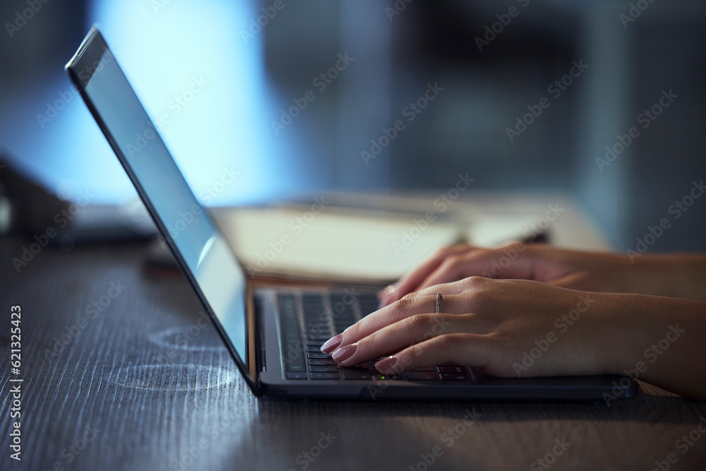 Woman, hands and laptop at night typing email for communication, social media or browsing. Closeup o