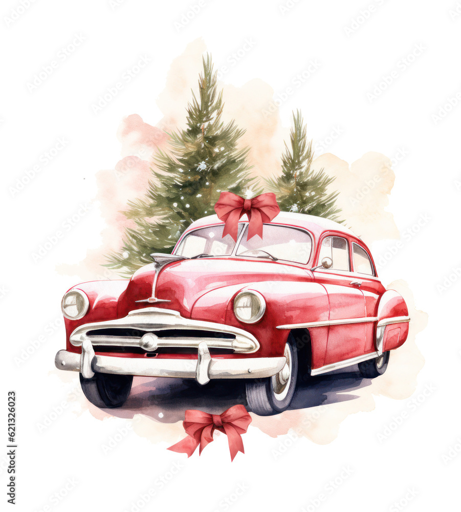 Cute Christmas watercolor retro car isolated. Illustration AI Generative