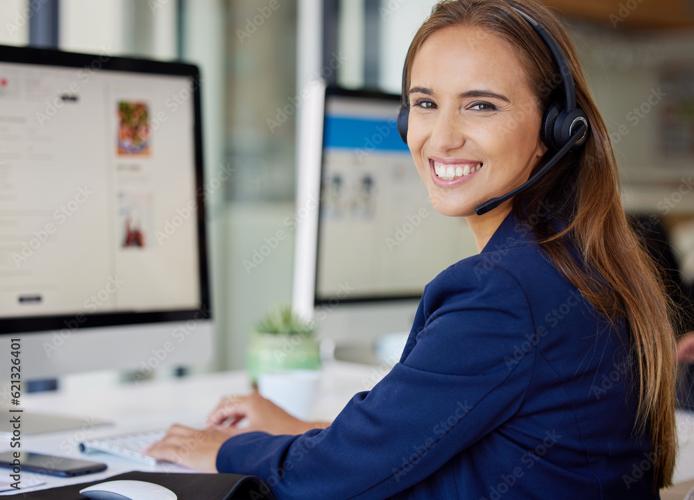 Call center, computer and portrait of woman, consultant or agent for e commerce, telemarketing and c