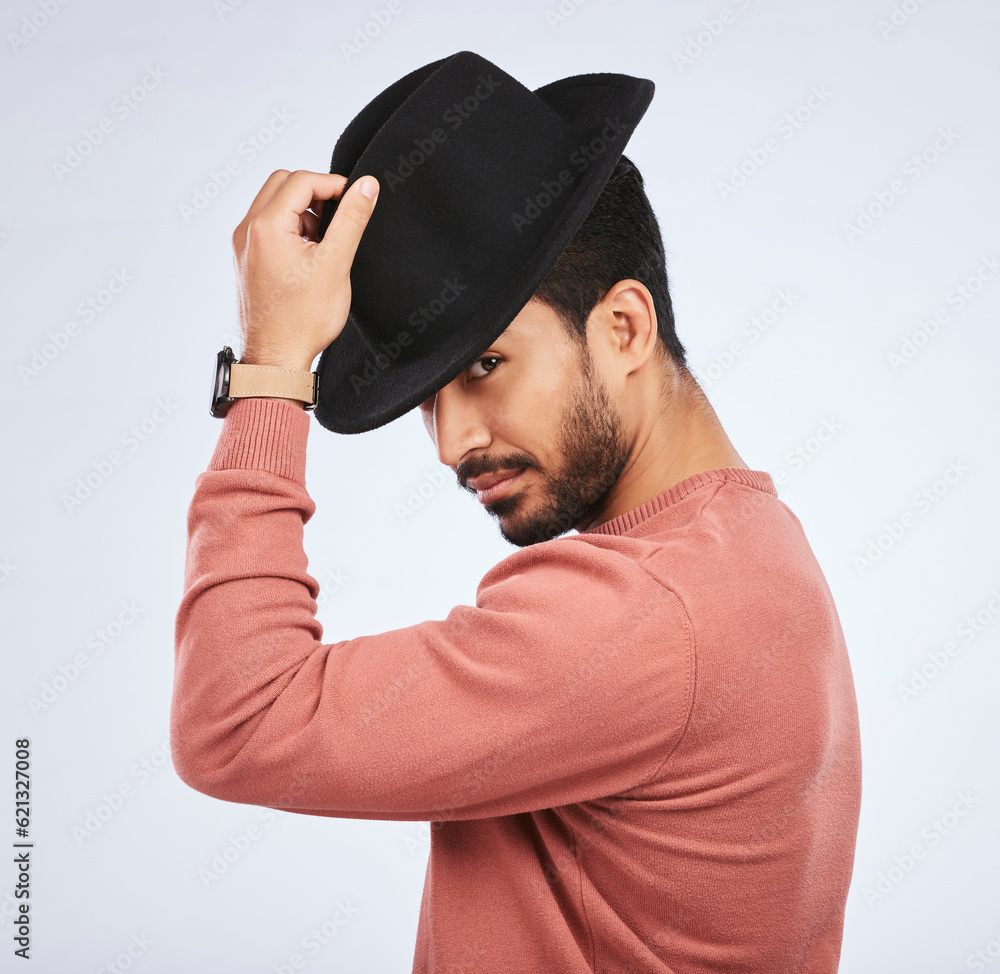 Retro, fashion and portrait of man with a hat for vintage style or hipster clothing trend in white b