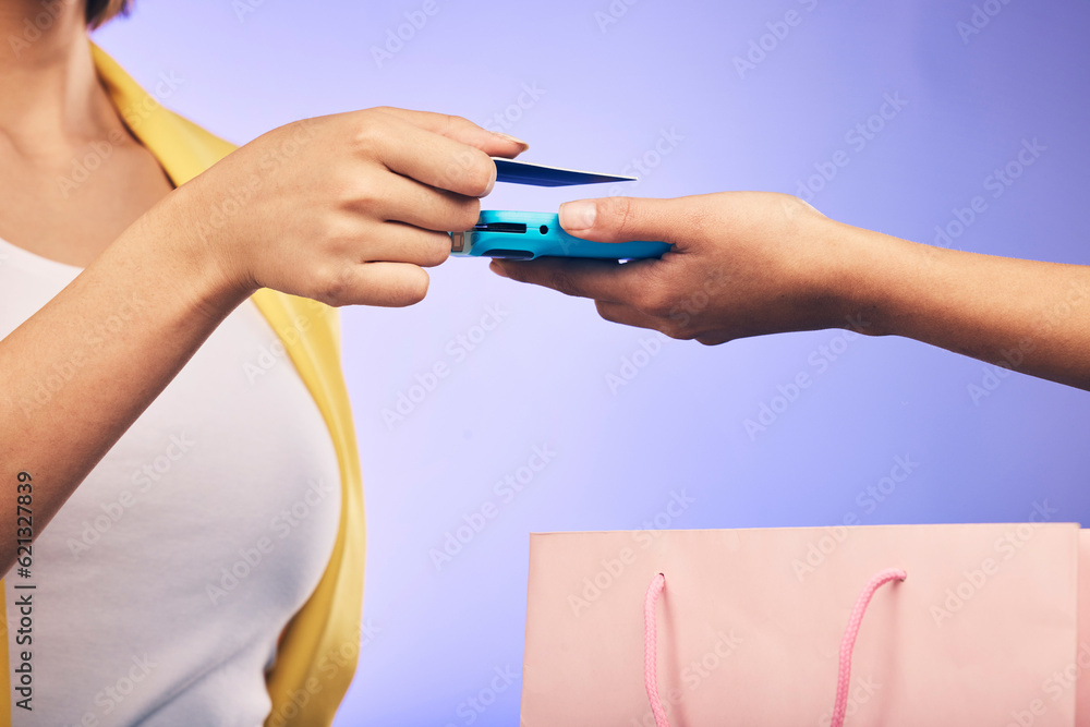 Card machine, shopping and woman hands at POS, online payment and digital service or fashion fintech