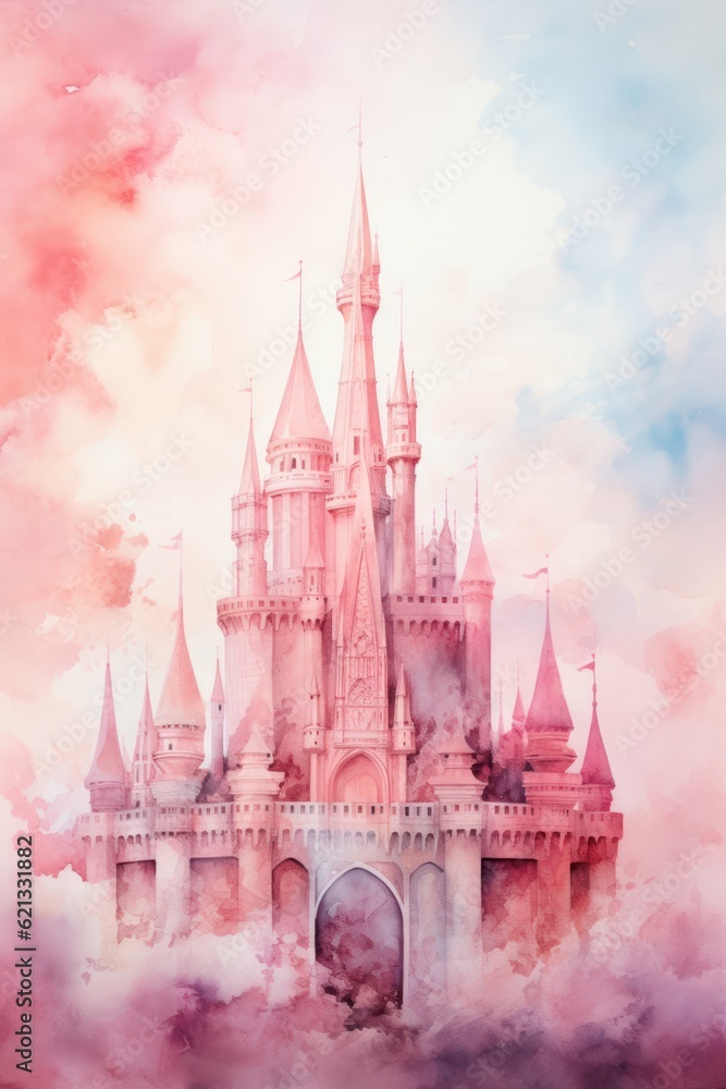 Cute watercolor princess castle. Illustration AI Generative.