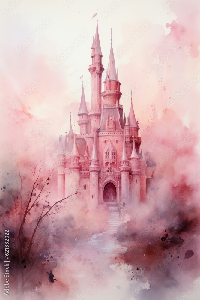 Cute watercolor princess castle. Illustration AI Generative.