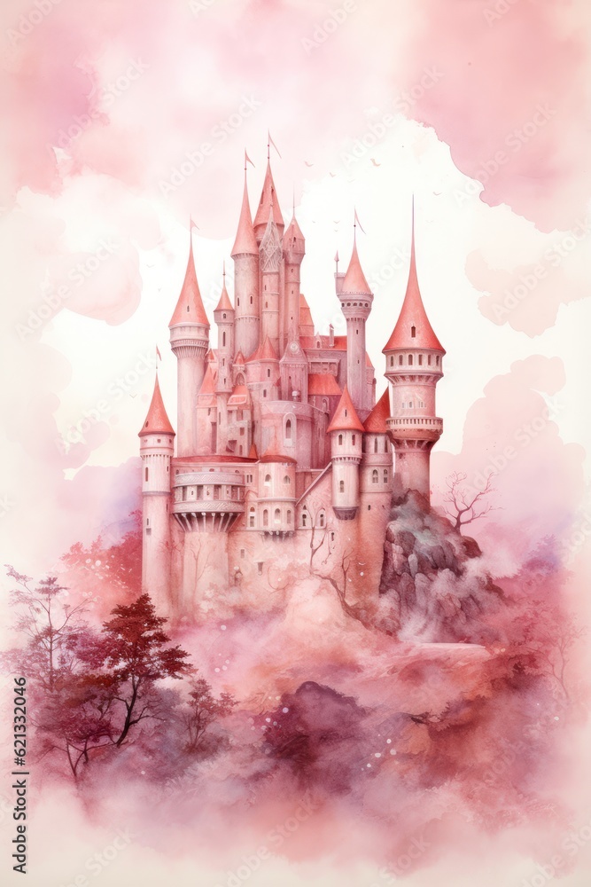 Cute watercolor princess castle. Illustration AI Generative.