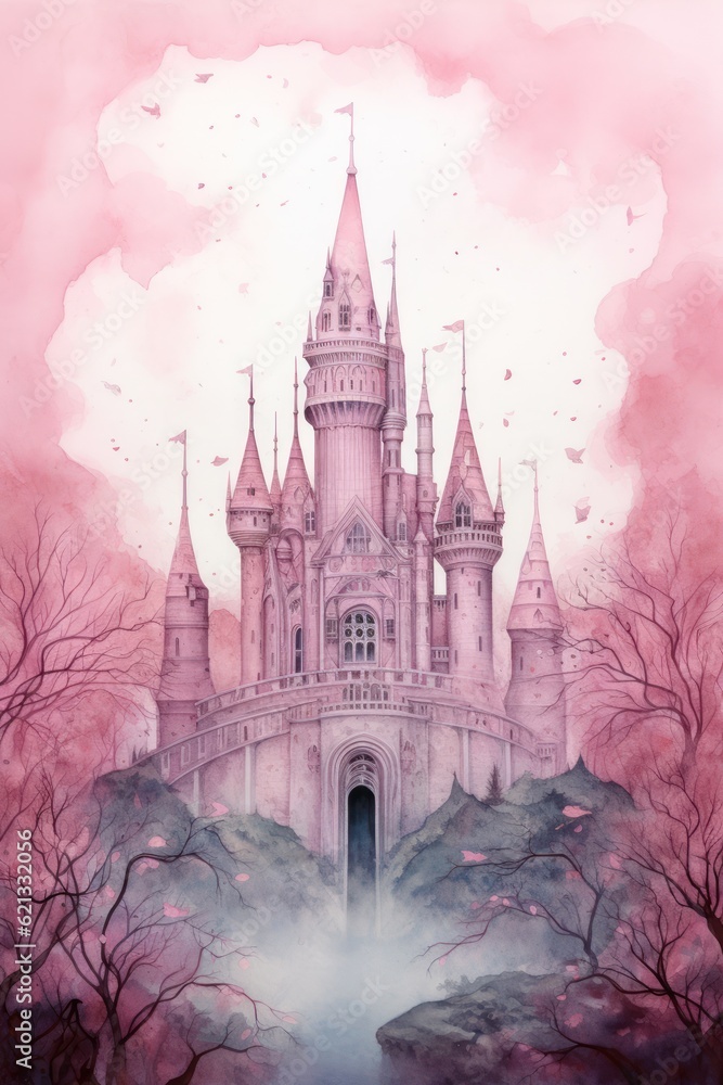 Cute watercolor princess castle. Illustration AI Generative.