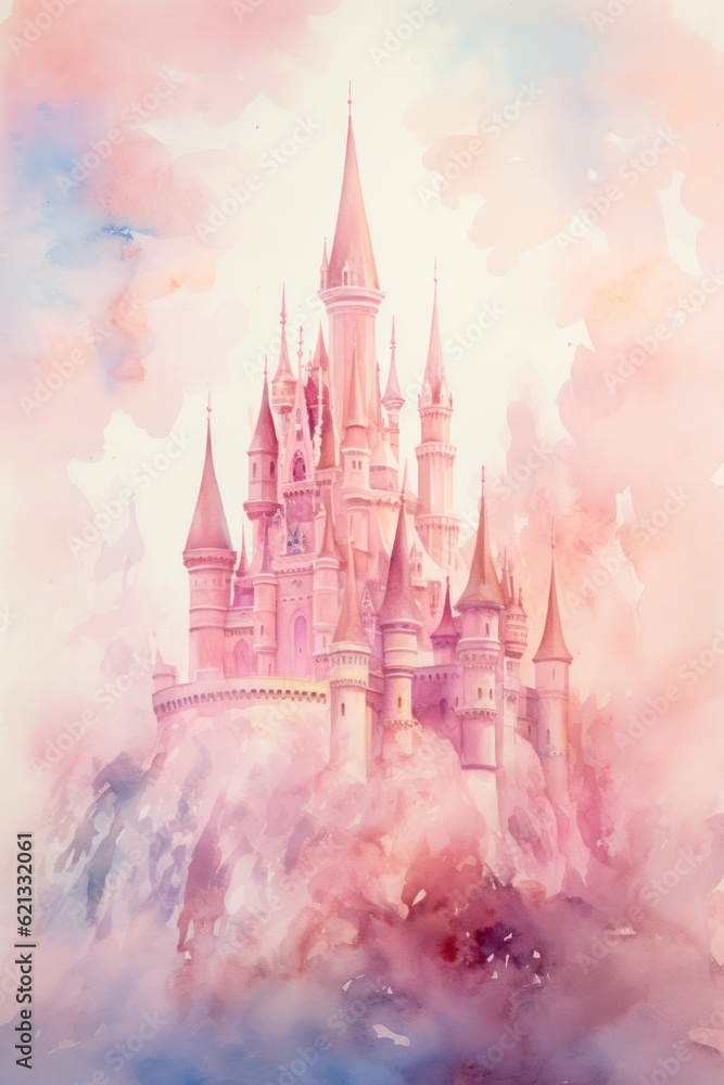 Cute watercolor princess castle. Illustration AI Generative.