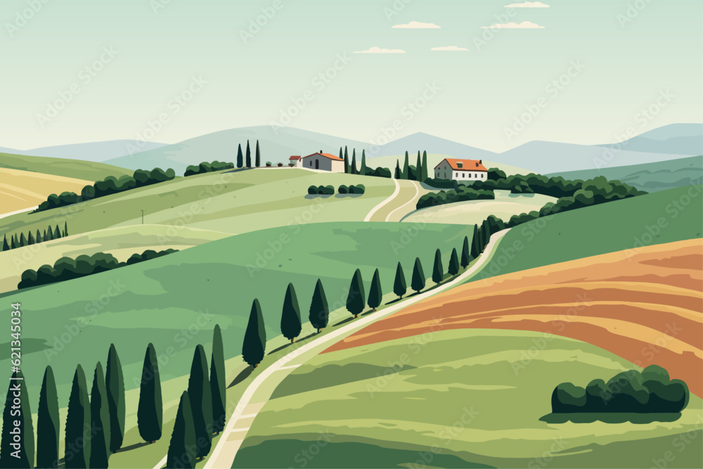 Landscape in Tuscany illustration, Italian landscapes, panoramic countryside farmland vector illustr