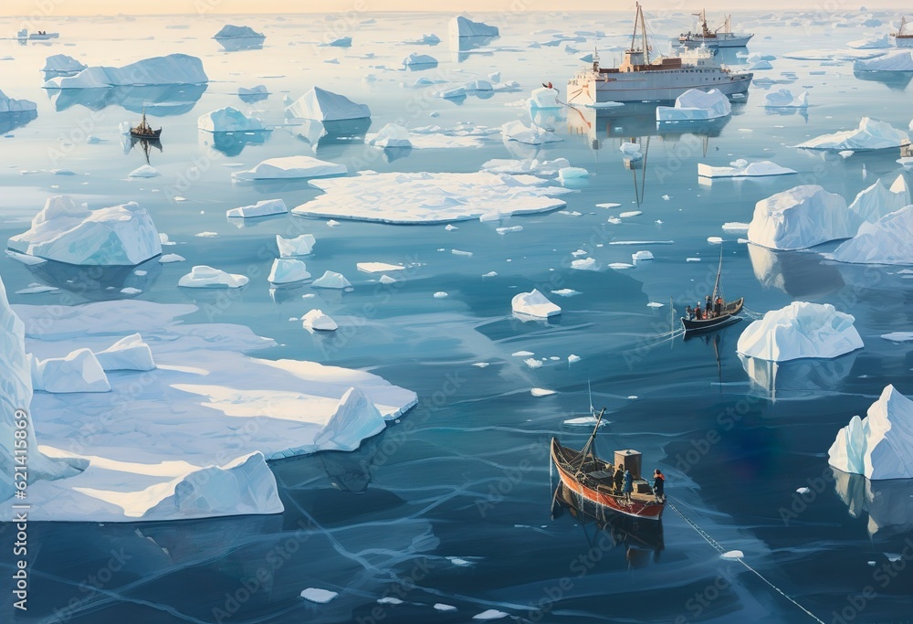 Aerial View of Fishermans fishing amongst Giant Icebergs of Greenland