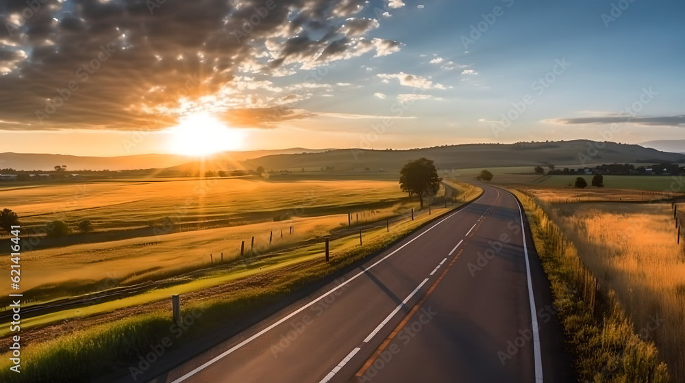 scenic winding country road through green farmland in Hill Country. Sun Sunshine In Sunset Bright Sk