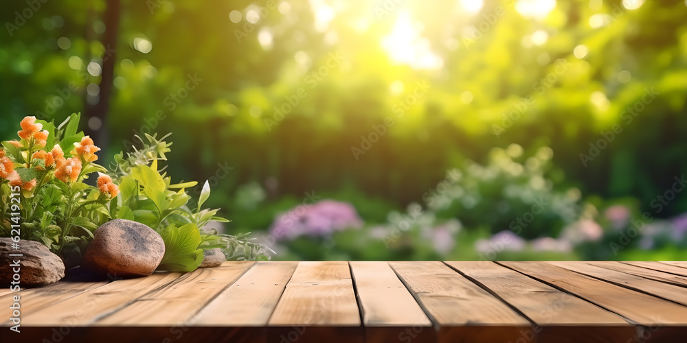 Empty wooden table top on blurred green nature garden background background. For product display mon