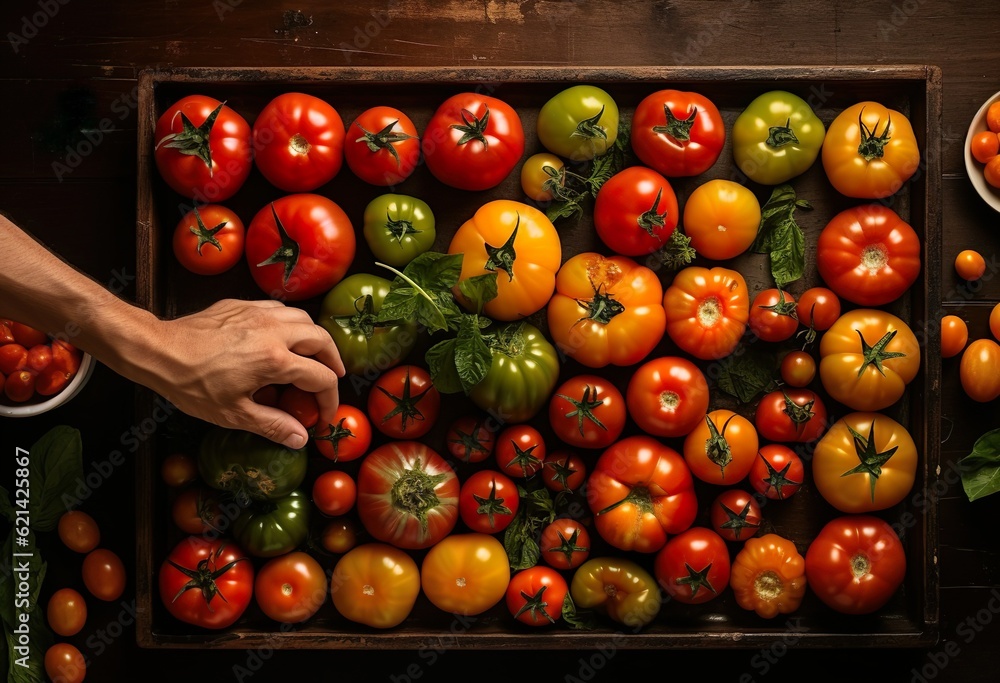 hand reaching for variety of tomatoes