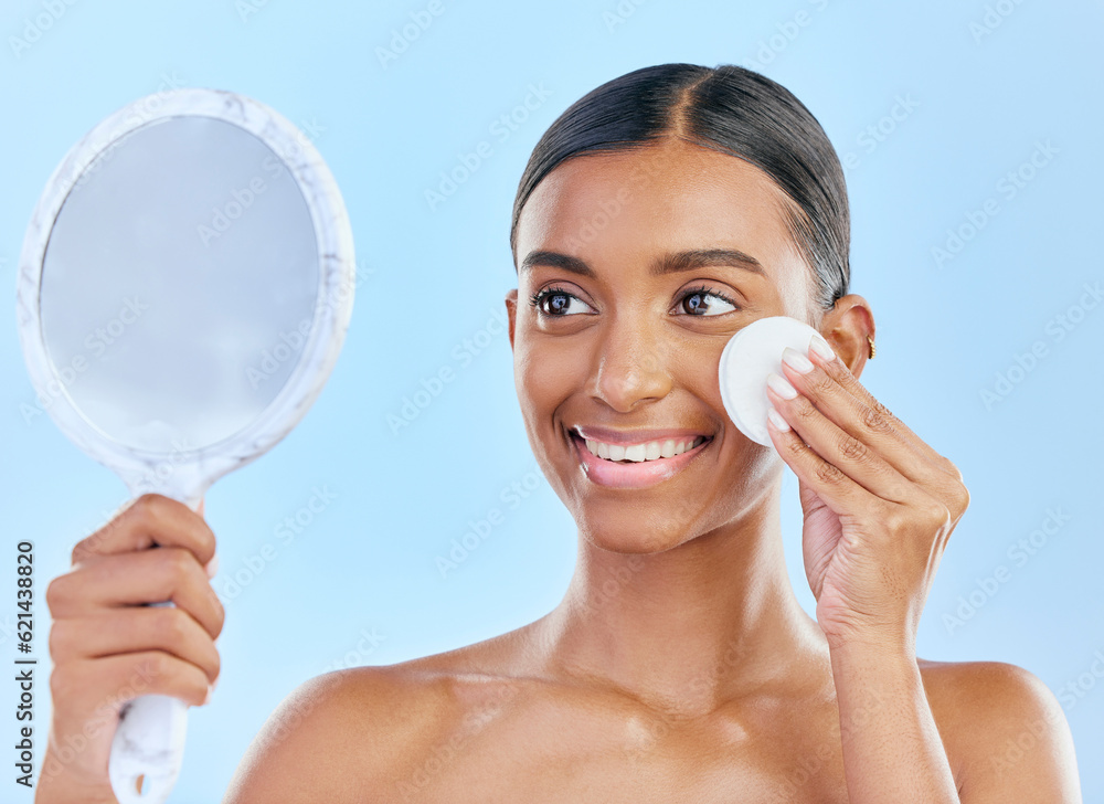 Mirror, cotton and woman with beauty or skincare as cosmetic product treatment isolated in a studio 