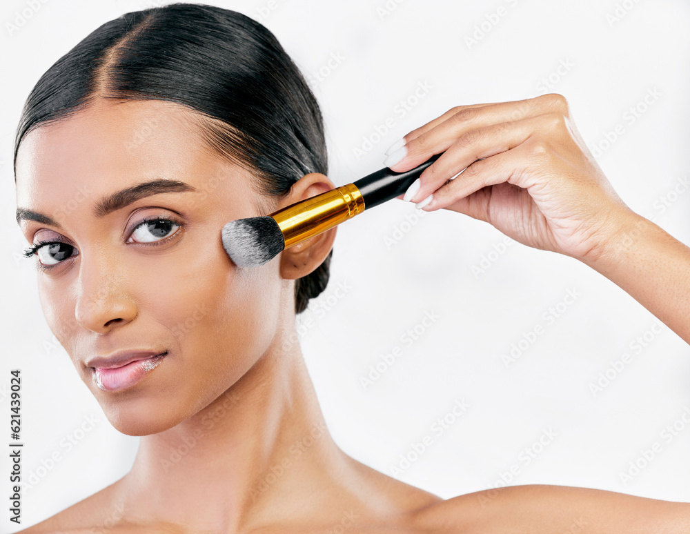 Portrait, skincare and woman with makeup, brush and dermatology against a white studio background. F