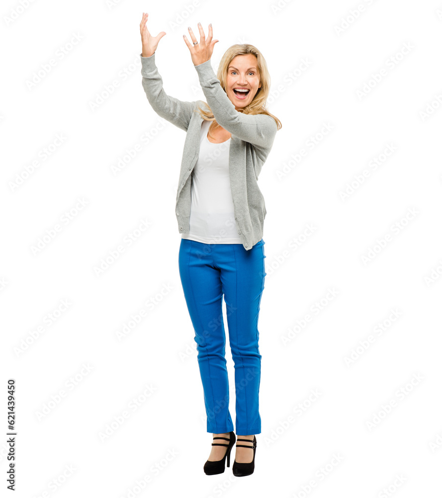 wow, hand holding and portrait of mature woman in studio with product placement, promo of offer agai