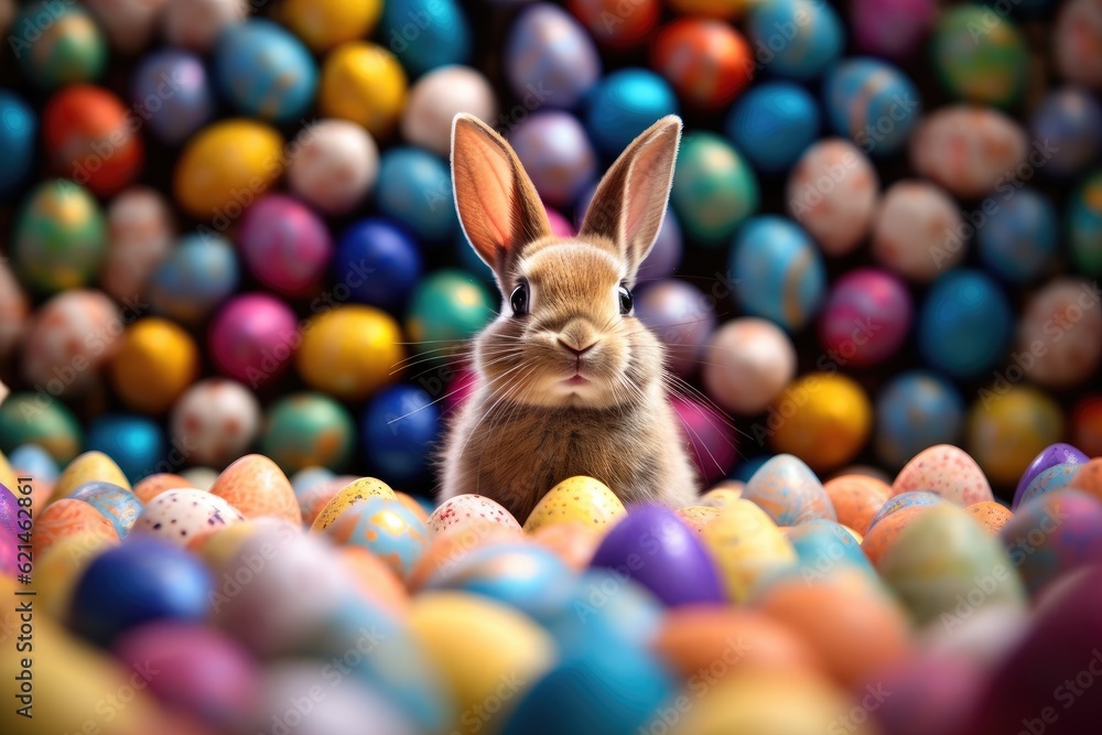 a rabbit sitting in a pile of colored eggs. Generative AI