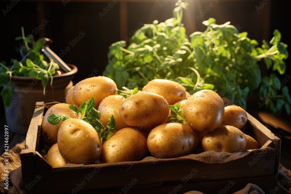 Ripe potatoes in a wooden box. Generative AI