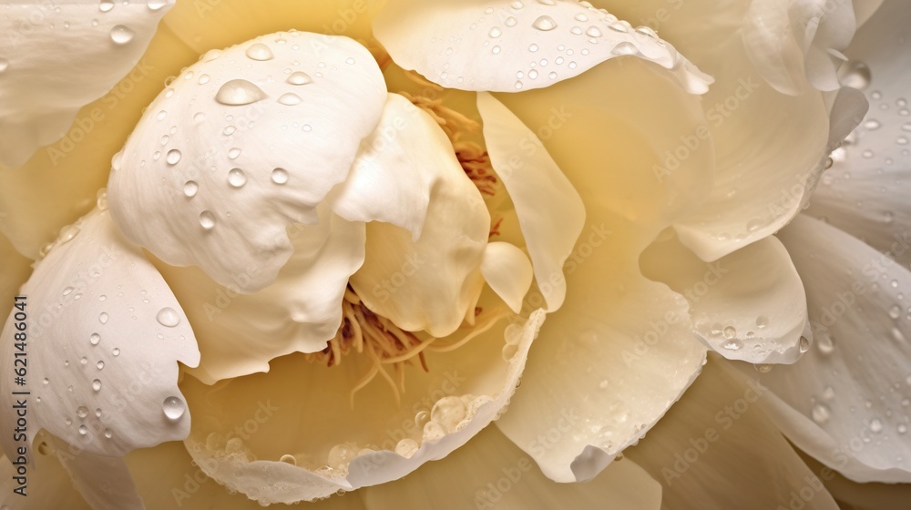 White Peony flowers with water drops background. Closeup of blossom with glistening droplets. Genera