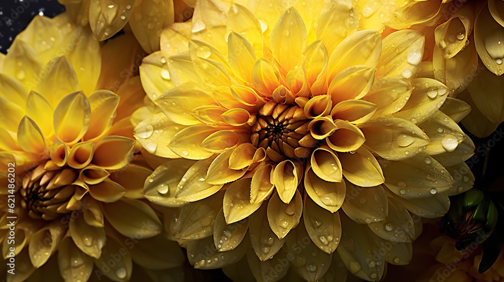 Yellow Dahlia flowers with water drops background. Closeup of delicate blossom with glistening dropl